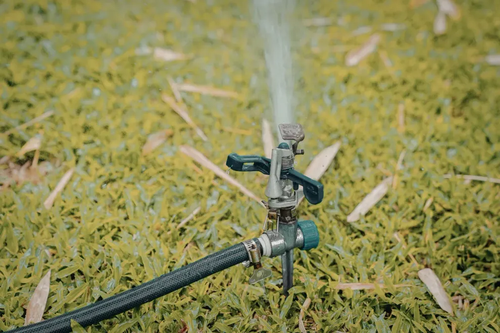 A metal impact sprinkler attached to a black garden hose sprays water into the air over a grass lawn.