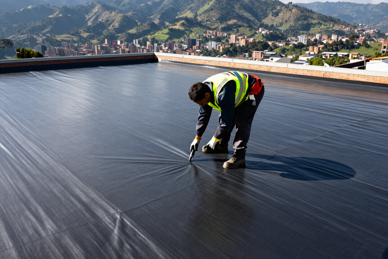 Trabajador con chaleco de alta visibilidad aplicando material en una azotea plana, con montañas al fondo