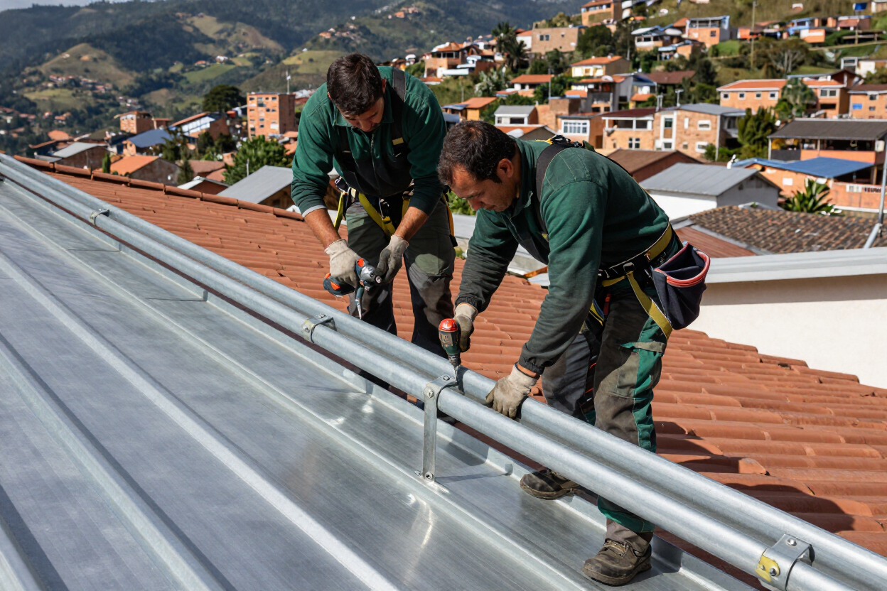 Dos trabajadores instalando una cubierta metálica en un tejado inclinado, con un pueblo al fondo