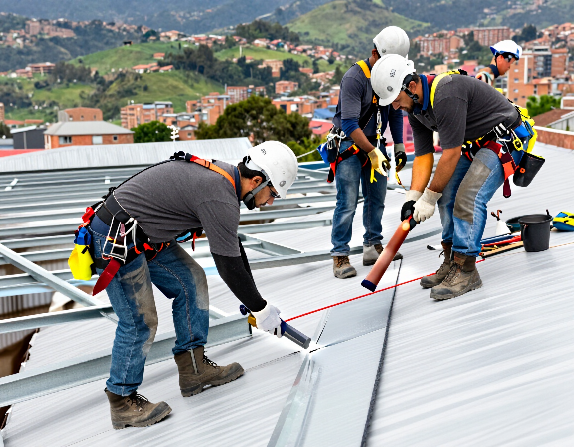Trabajadores instalando un tejado de metal inclinado con arneses de seguridad y herramientas