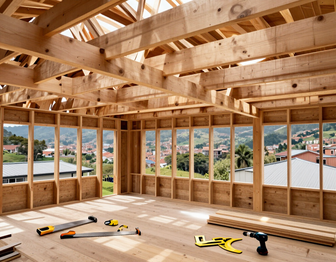 Interior de una casa de madera sin terminar, con la estructura a la vista y herramientas en el suelo, con vistas a un barrio