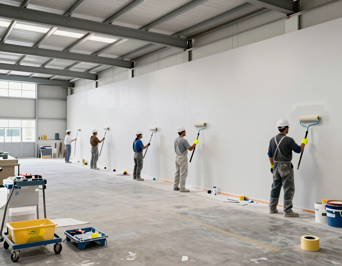 Trabajadores pintando el interior de una gran nave industrial blanca con rodillos y cubos.