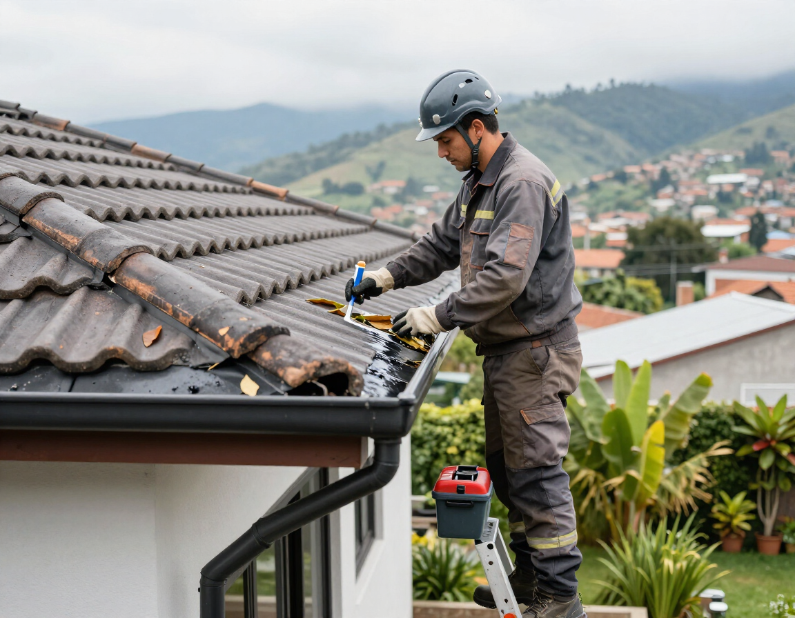 Trabajador limpiando un canalón con una hidrolimpiadora en el tejado de tejas de una casa