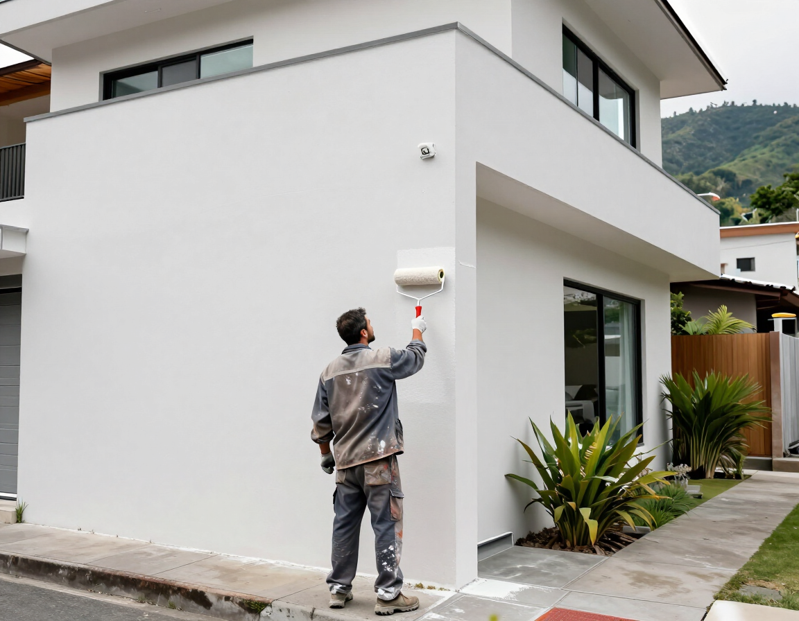 Un pintor con ropa de trabajo gris pinta la pared exterior de una casa blanca moderna.