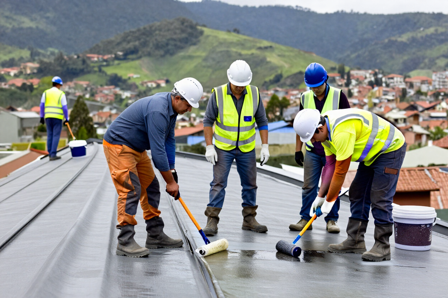 Trabajadores con cascos y chalecos de seguridad aplican un revestimiento en un tejado plano, con montañas de fondo