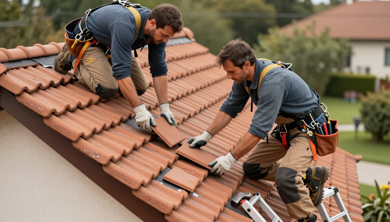 Dos techadores instalando tejas de terracota en un tejado inclinado, con herramientas y arneses de seguridad