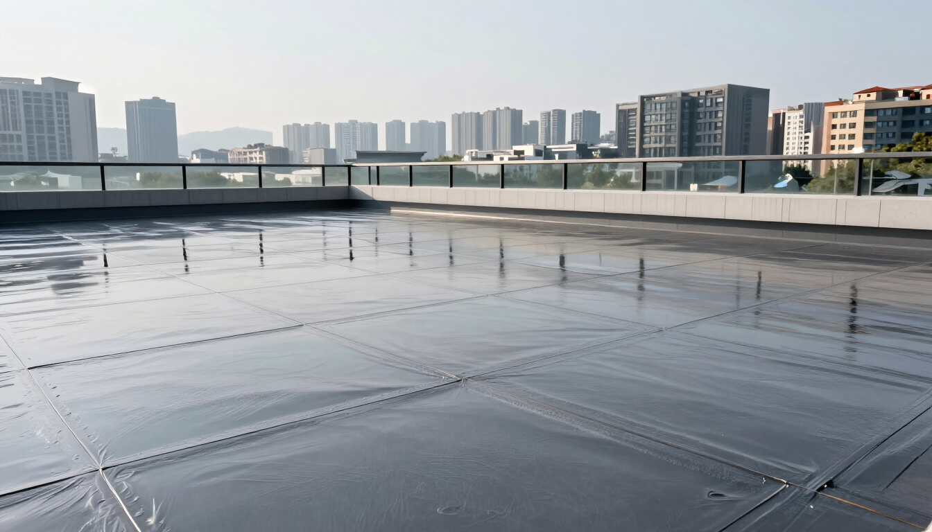 Azotea con una superficie impermeable reflectante y el perfil de una ciudad a lo lejos bajo un cielo despejado.