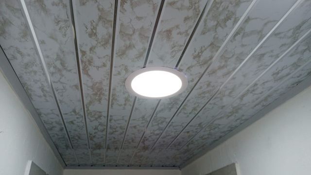 Techo con paneles de motivos florales y una luminosa lámpara redonda