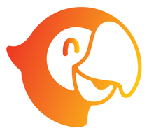 A stylized, orange-to-yellow gradient icon of a parrot’s head, featuring a white face and a prominent curved beak.