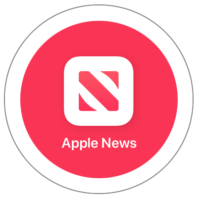 A red circle containing the white Apple News app icon and the text