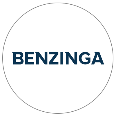 A circular white logo featuring the dark blue text