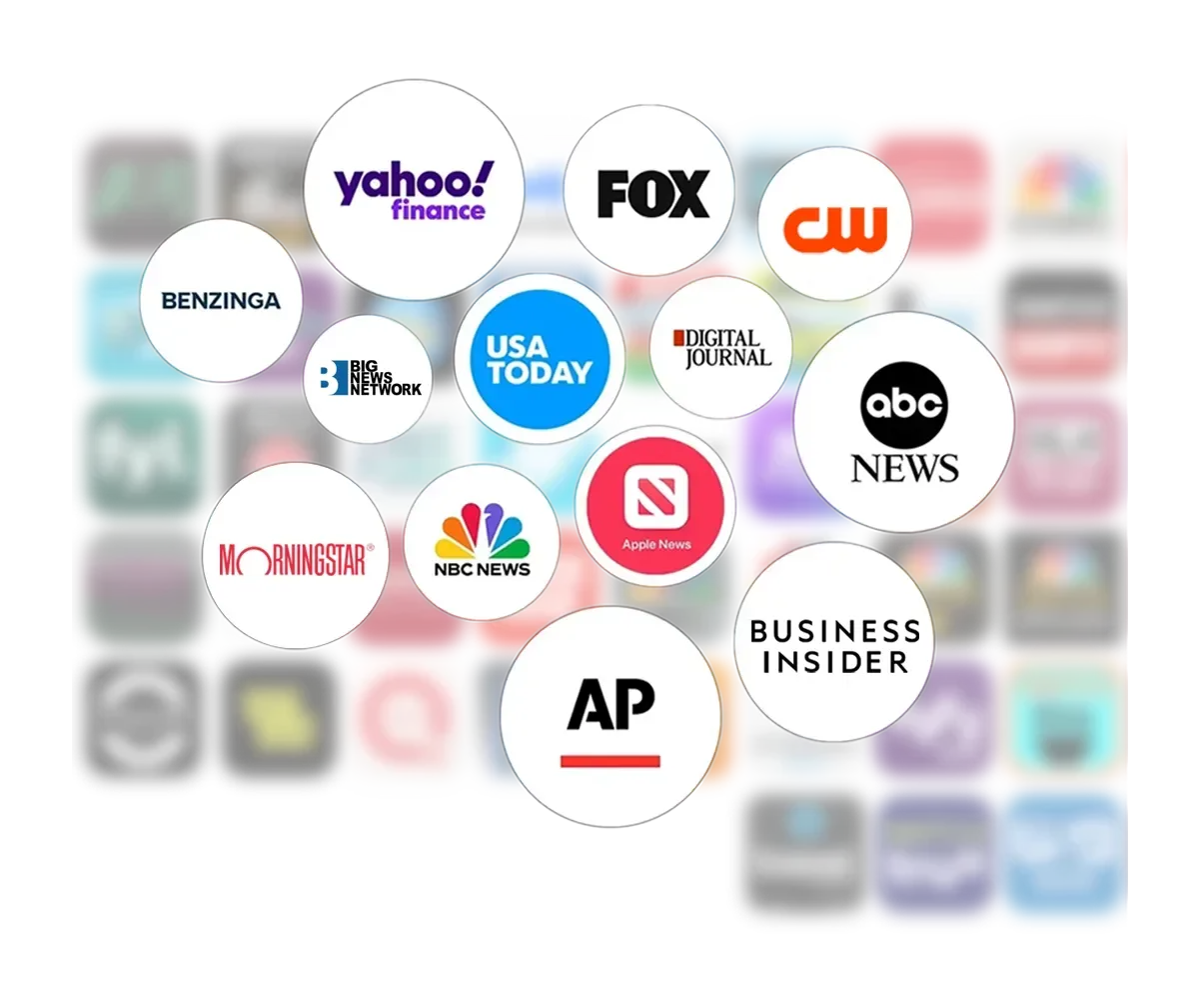 Click To See All A collage of circular news media logos, including Yahoo Finance, Fox, BBC, USA Today, Bloomberg, NBC, and AP.
