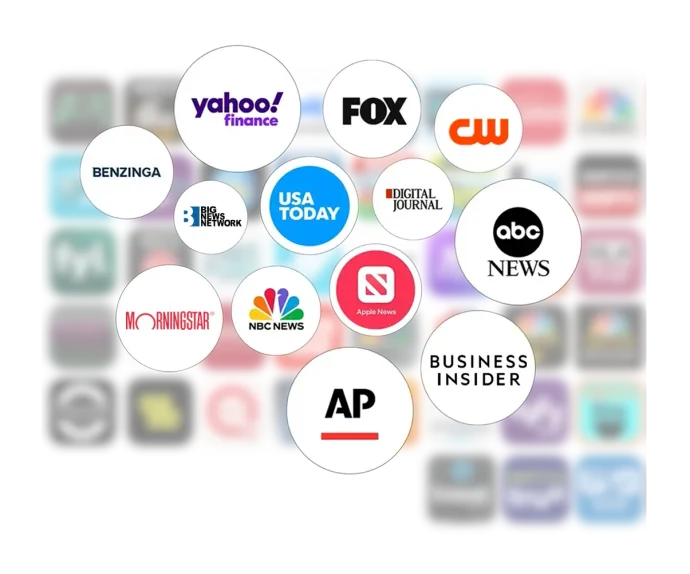 Click To See All A collage of circular news media logos, including Yahoo Finance, Fox, BBC, USA Today, Bloomberg, NBC, and AP.