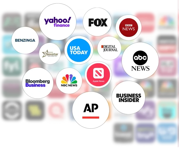 A collage of circular news media logos, including Yahoo Finance, Fox, BBC, USA Today, Bloomberg, NBC, and AP.