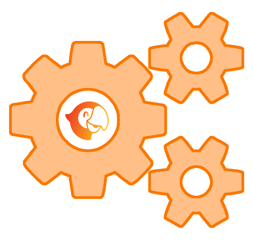 Three interlocking light orange gear icons, with the largest gear featuring a stylized parrot head logo in the center.