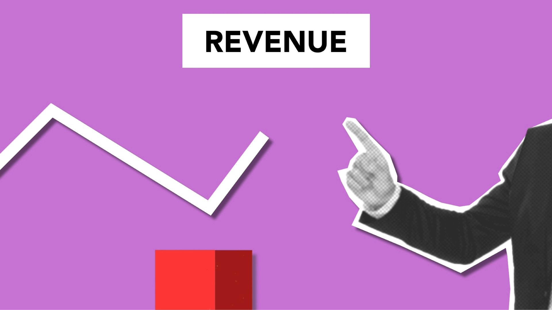 A person in a suit points to a white line graph showing a downward trend against a purple background labeled REVENUE.