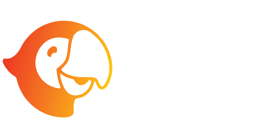 A stylized, gradient orange and yellow parrot head logo looking to the right.