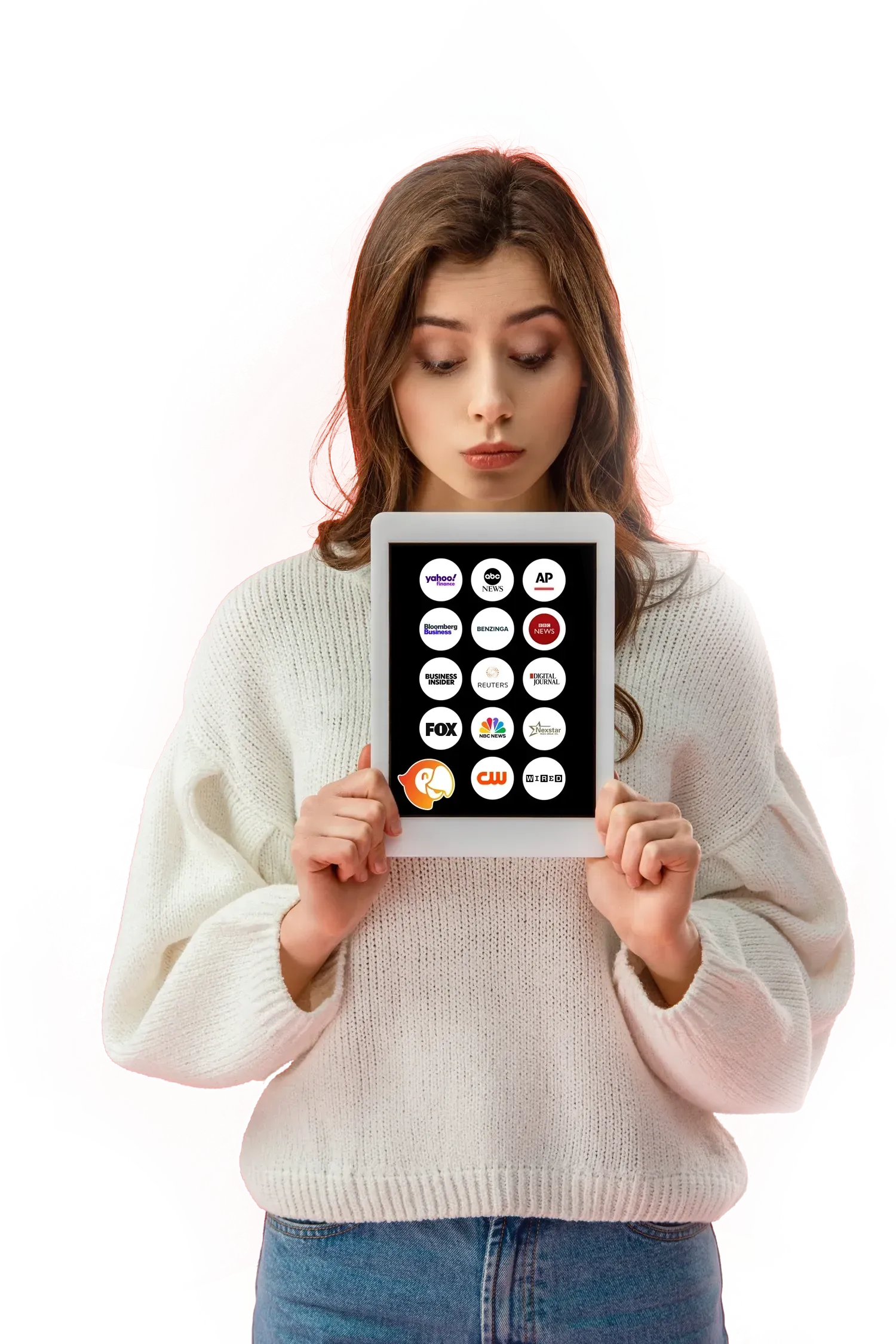 A person in a white sweater holds a tablet displaying a grid of various app icons against a black background.