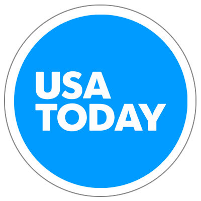 The USA TODAY logo, featuring white text on a bright blue circular background with a thin white border.