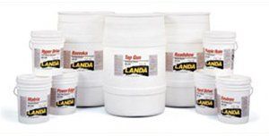 A group of white buckets with the word Landa on them.