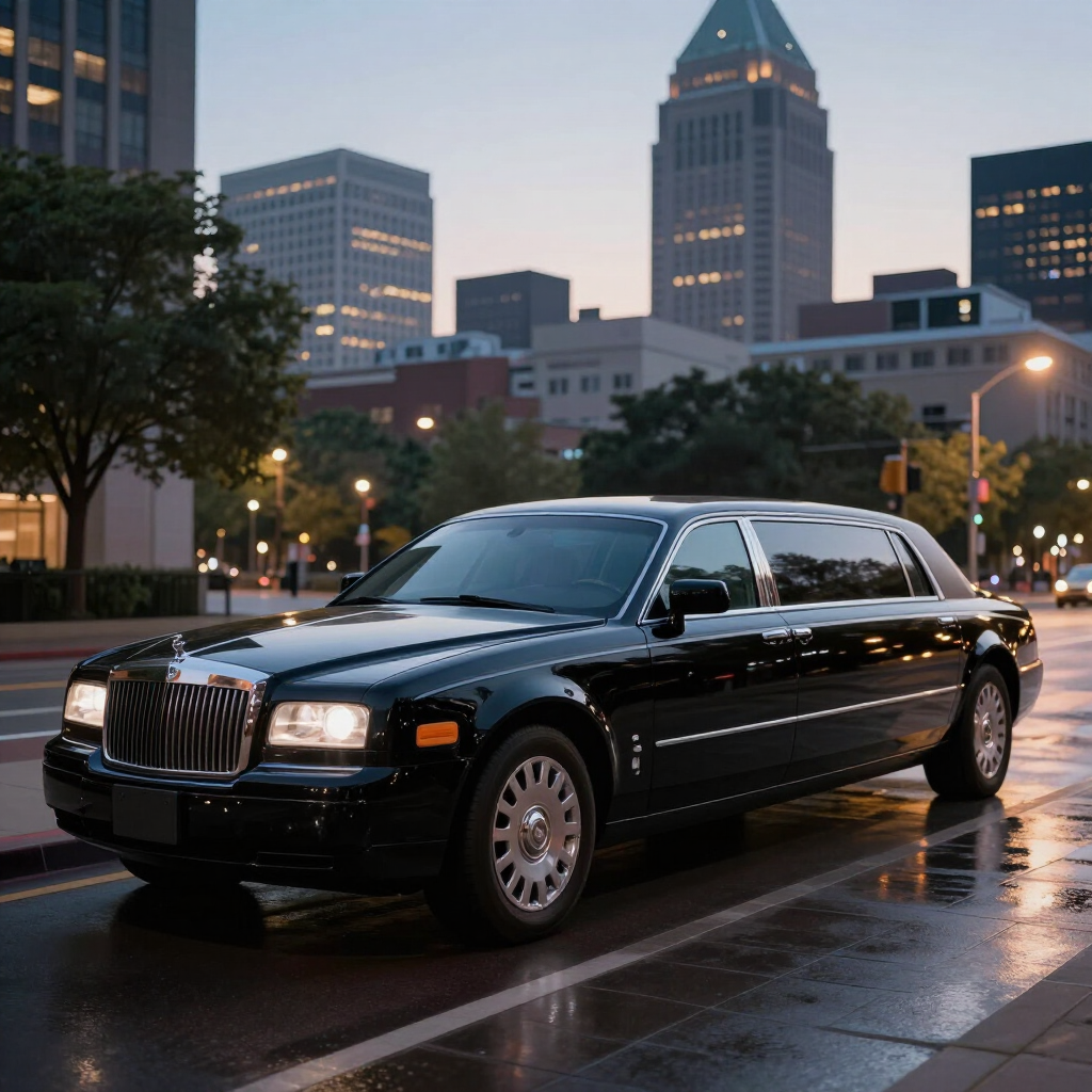 Black stretch limousine parked on a wet city street at dusk with skyscrapers in the background