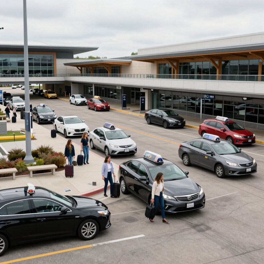 Airport curbside with parked cars, pedestrians, and a terminal building under cloudy skies