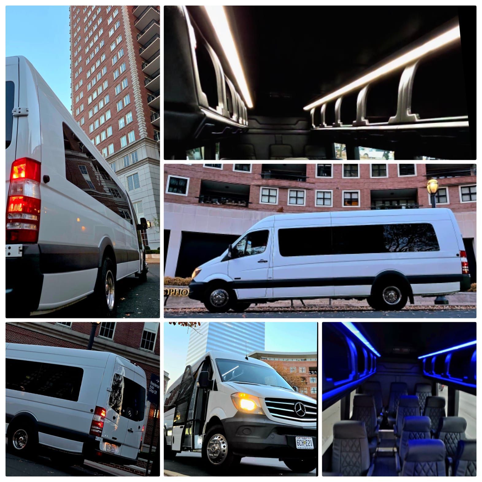 White Sprinter van collage on city streets and inside a luxury shuttle with blue LED lighting
