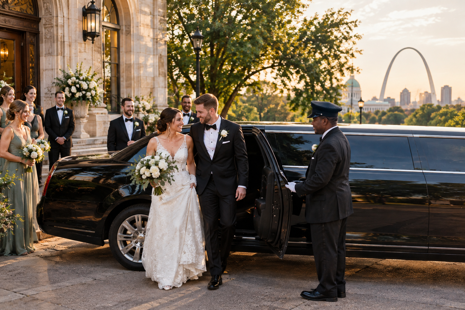 Bride and groom step from a black limousine at a cathedral with the St. Louis Arch in the background.