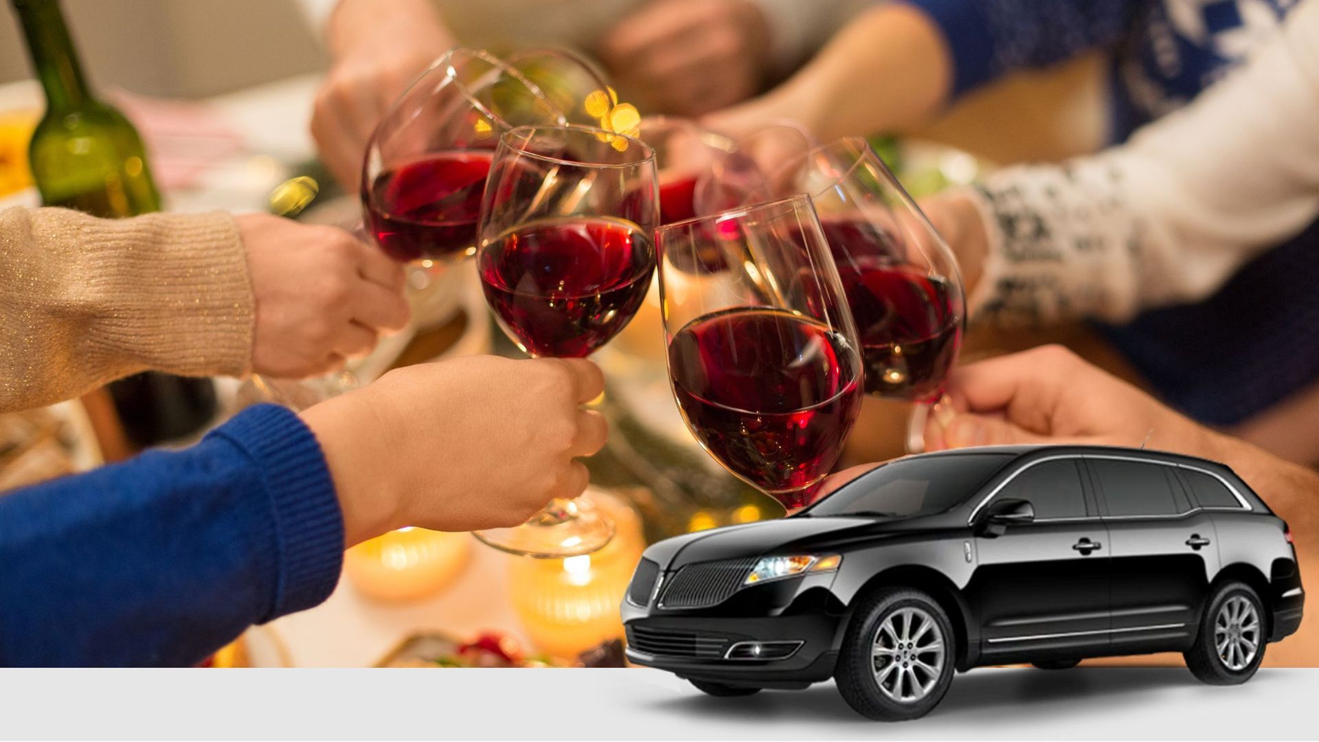 Hands toasting red wine glasses at a festive table, with a black SUV overlaid in the corner