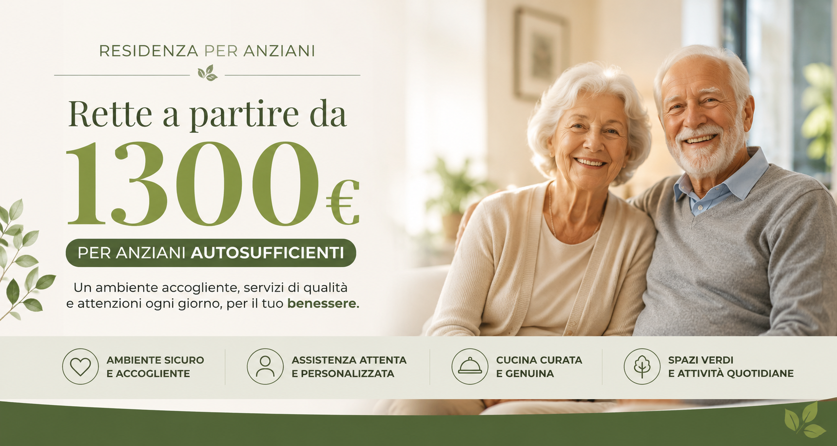 Promo banner with smiling elderly couple, green accents, and Italian text about discounts from 1300€