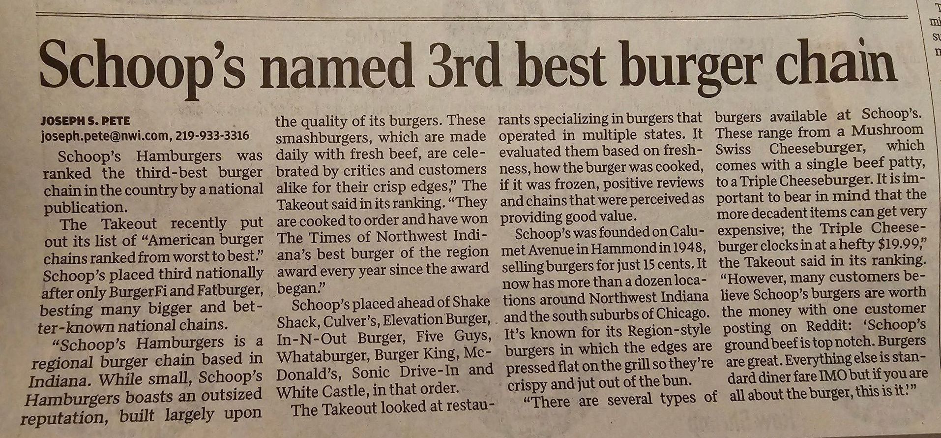 A newspaper article about snoop 's named 3rd best burger chain