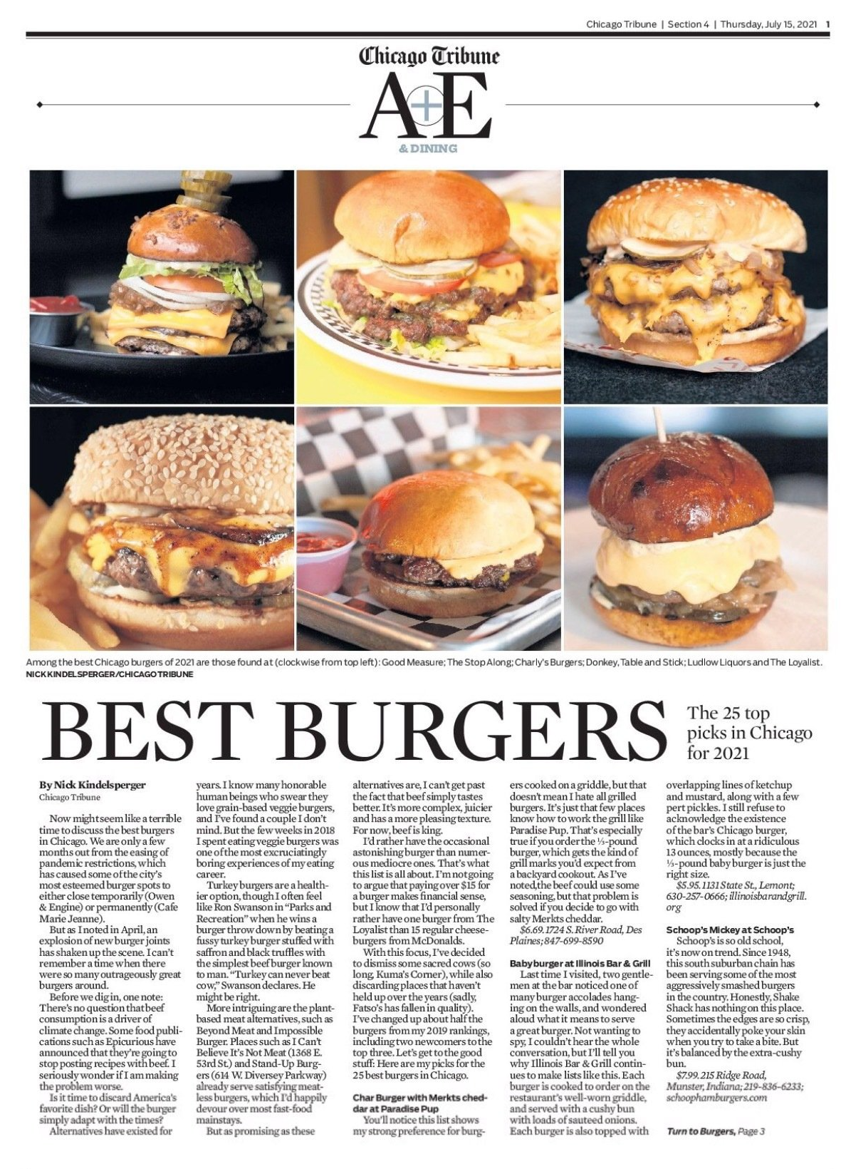A newspaper article about the best burgers in the city.