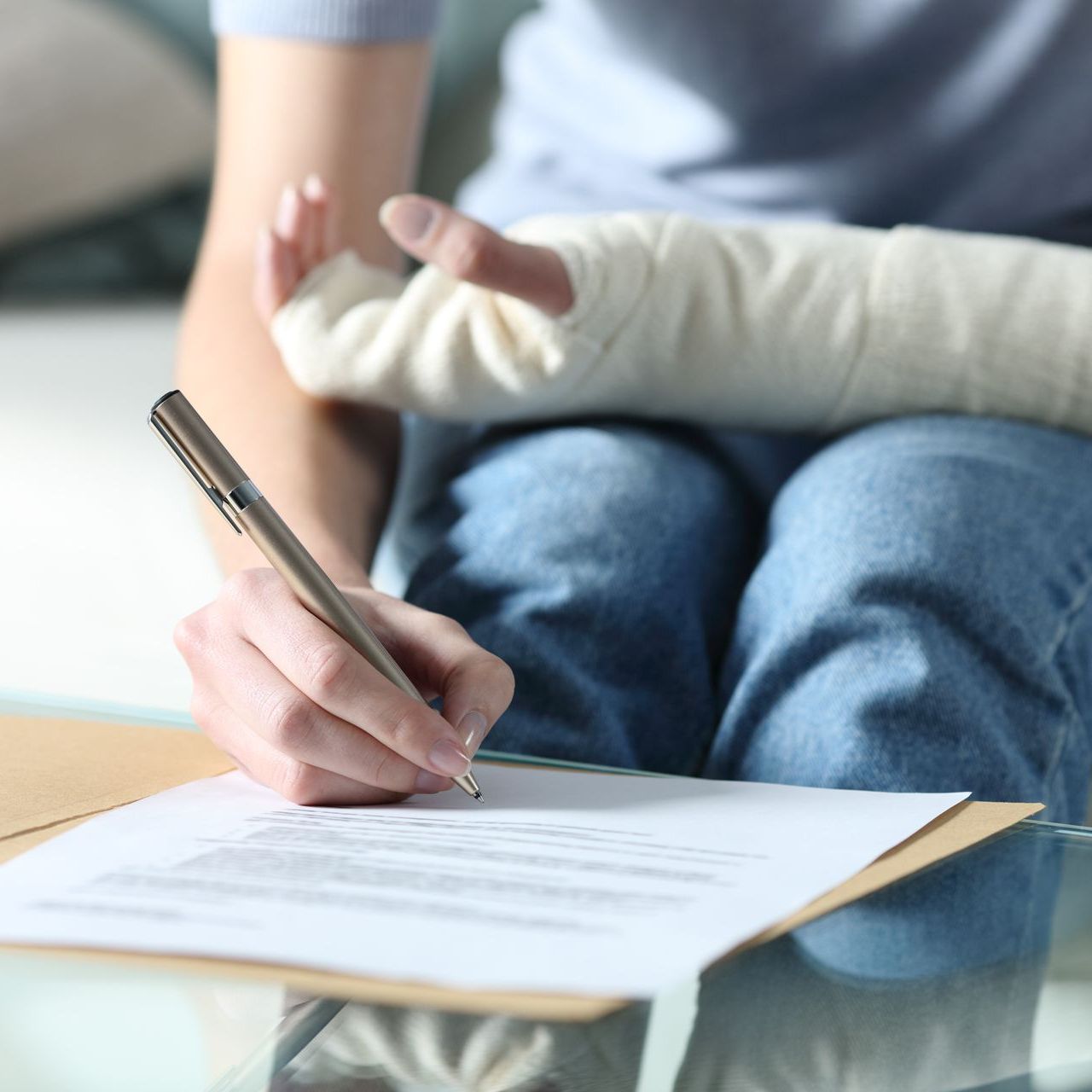 A person with a cast on their arm is writing on a piece of paper.