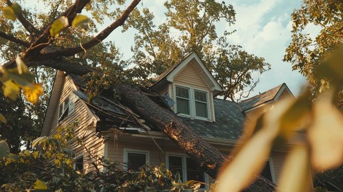House with damaged roof amid trees and fallen leaves at sunset