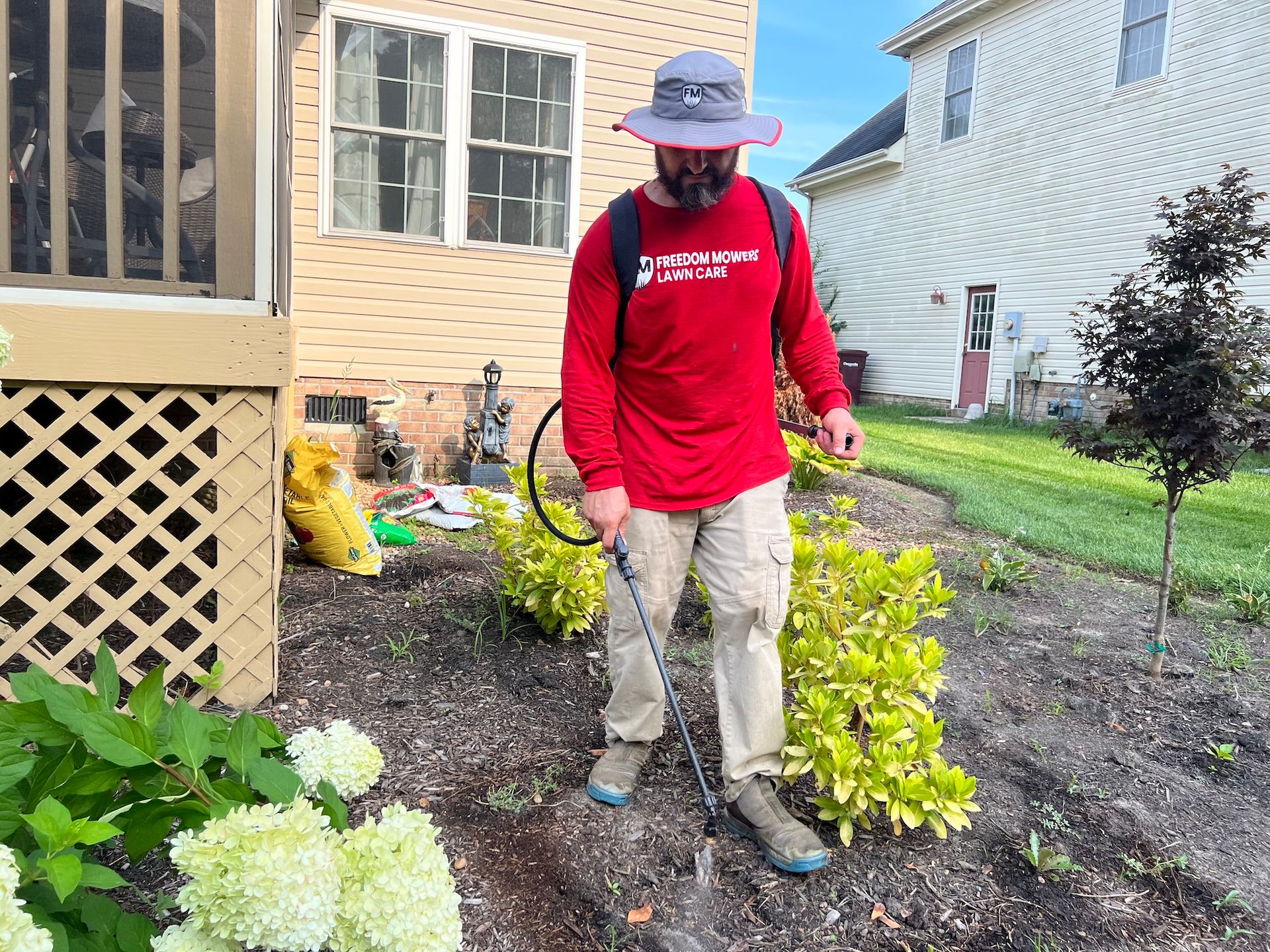 A man is spraying plants in a garden with a hose.