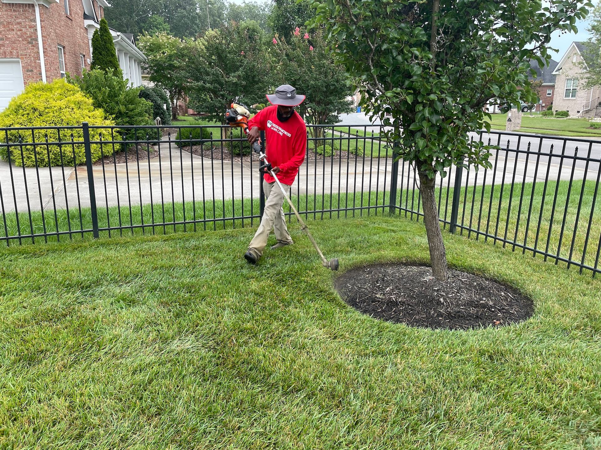 A man is mowing the grass in front of a tree.