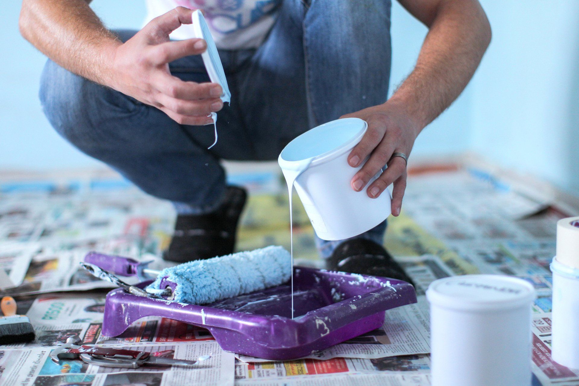 Man Filling Paint To Roller — Endicott, NY — Richard J. Woloszyn Painting Man Filling Paint To Roller — Endicott, NY — Richard J. Woloszyn Painting