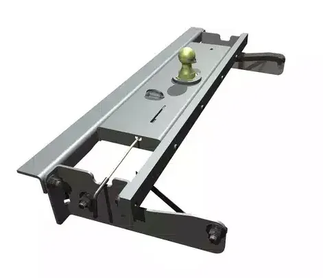 Metal trailer hitch with a ball, arm, and mounting hardware.