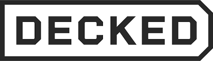 Black-and-white DECKED logo inside an outlined arrow-shaped border.