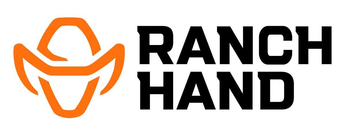 The logo for ranch hand is orange and black and has a bull on it.
