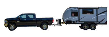 Black pickup truck towing a gray and black camper trailer on a white background.