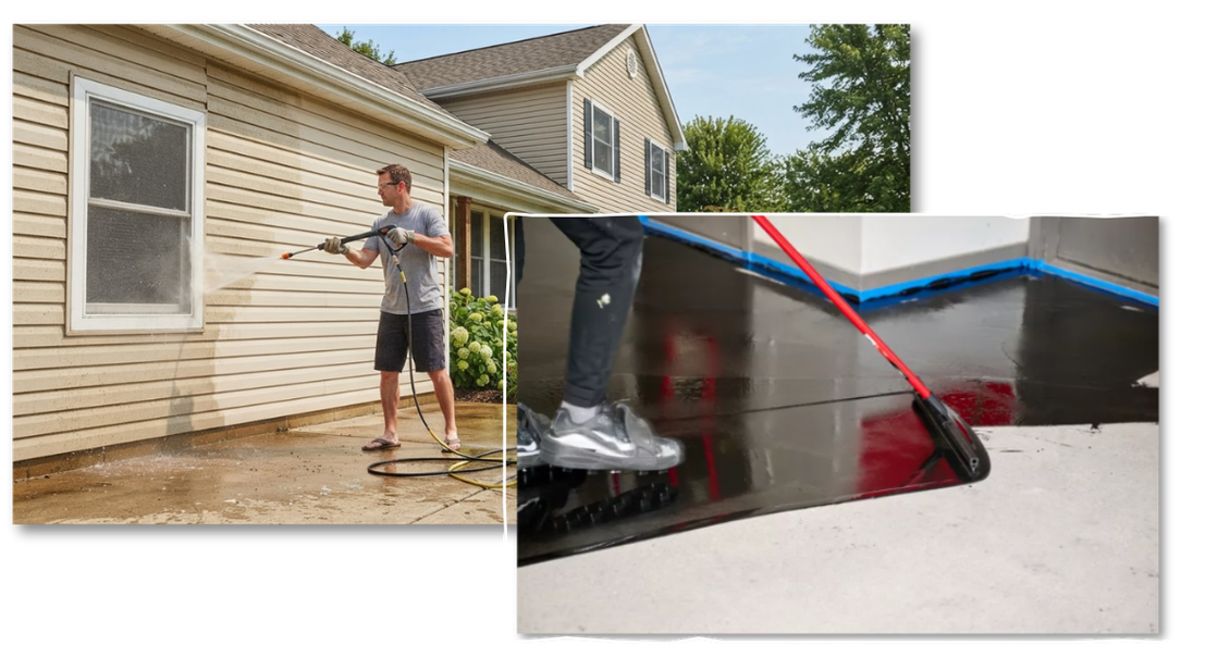 Person washing a house exterior with a pressure washer; inset shows a close-up of cracked siding being cleaned. Image of a person spready epoxy on garage floor overlaying
