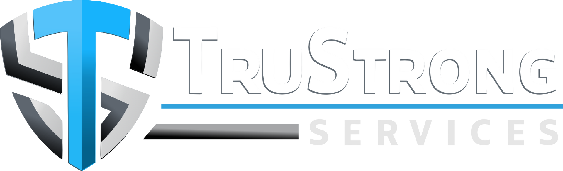 TruStrong Services (in white text) logo with blue-and-gray shield emblem and wordmark