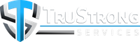 TruStrong Services (in white text) logo with blue-and-gray shield emblem and wordmark