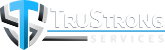 TruStrong Services (in white text) logo with blue-and-gray shield emblem and wordmark