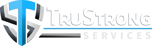 TruStrong Services (in white text) logo with blue-and-gray shield emblem and wordmark
