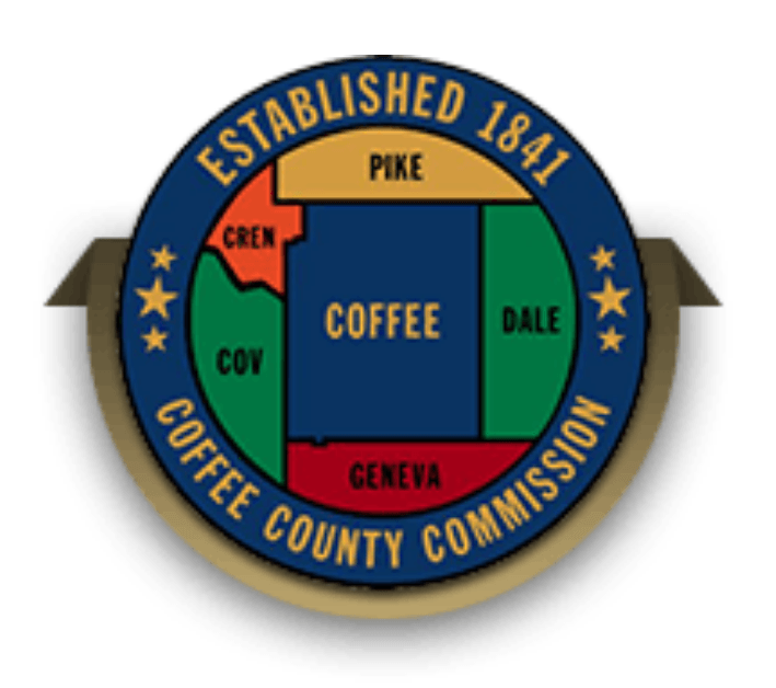 Coffee County Commission seal with a map of counties, dark blue, gold, and green.