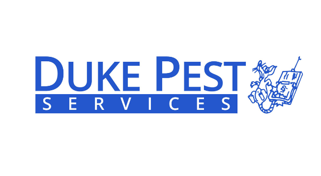Duke Pest Services logo: blue text and insect illustration on white background.