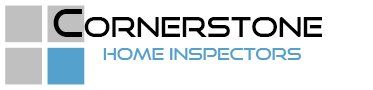 Logo for Cornerstone Home Inspectors, featuring gray and blue squares with black text.