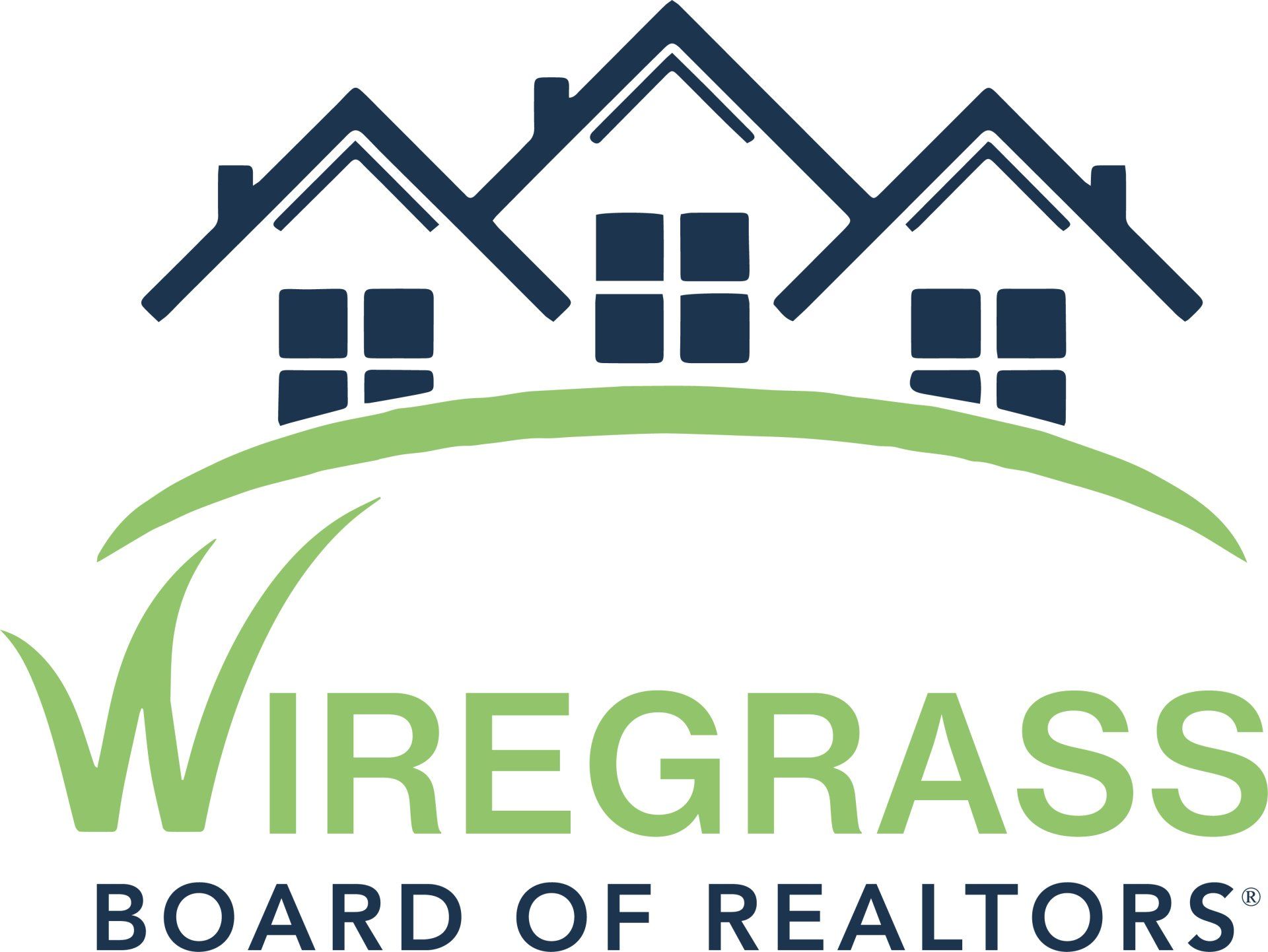 Logo for Wiregrass Board of Realtors: three houses above a green arch with grass, text 